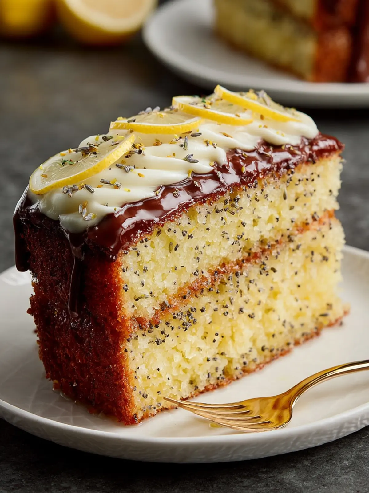 Lemon Poppy Seed Cake with Lavender Chocolate Ganache First Image
