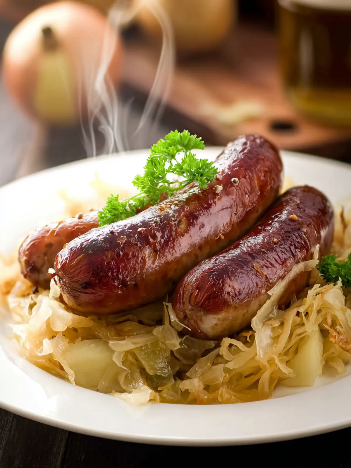 Beer Braised Bratwurst with Apple Sauerkraut First Image