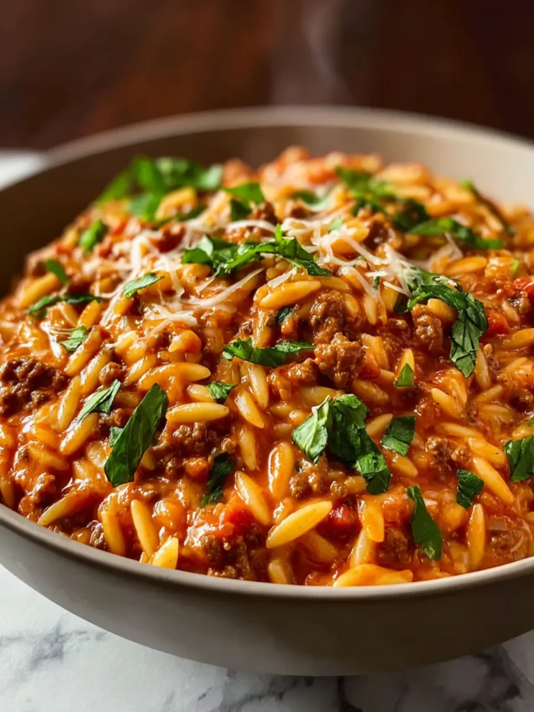 Ground Beef Orzo with Tomato Cream Sauce First Image