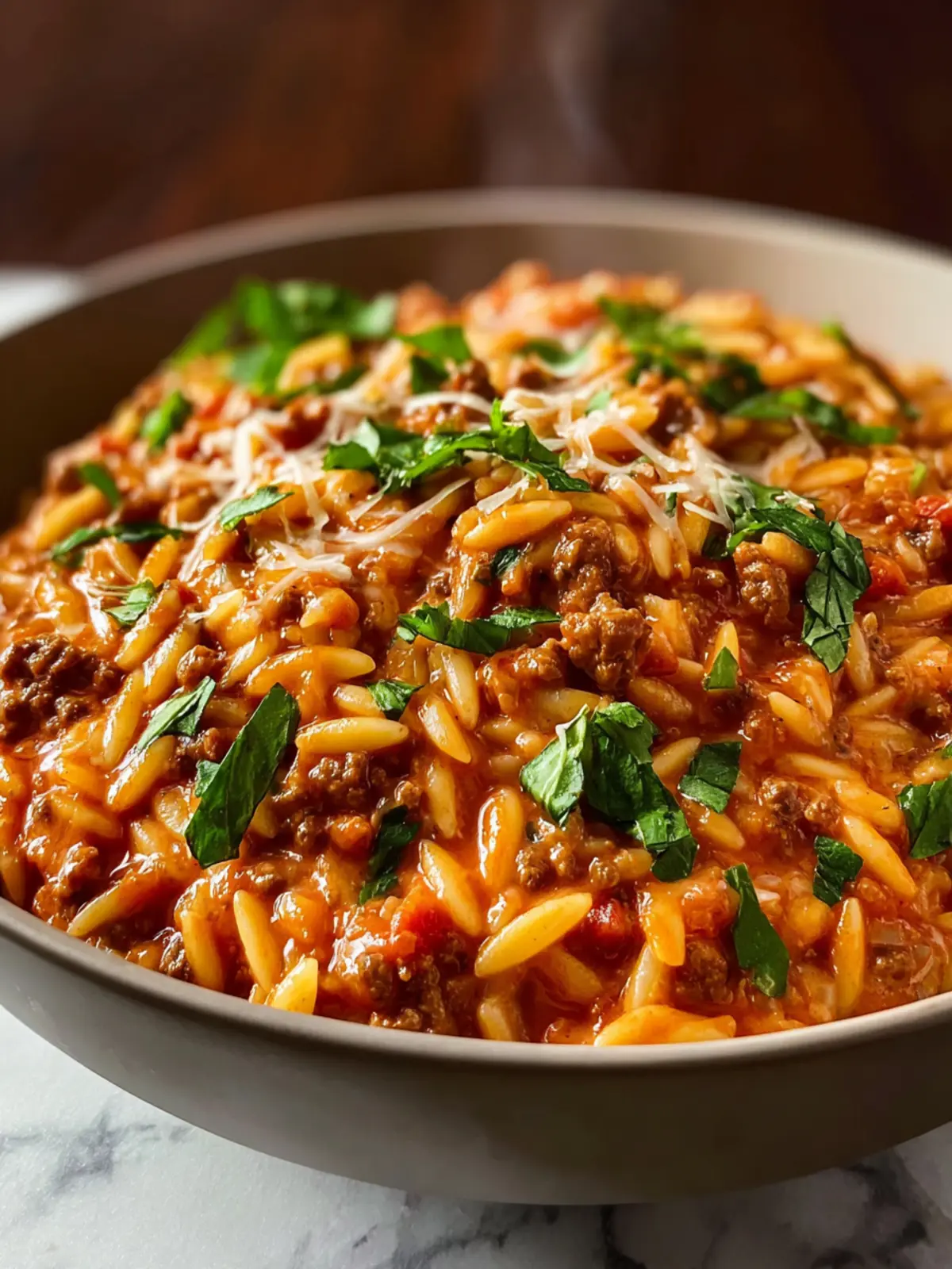 Ground Beef Orzo with Tomato Cream Sauce First Image