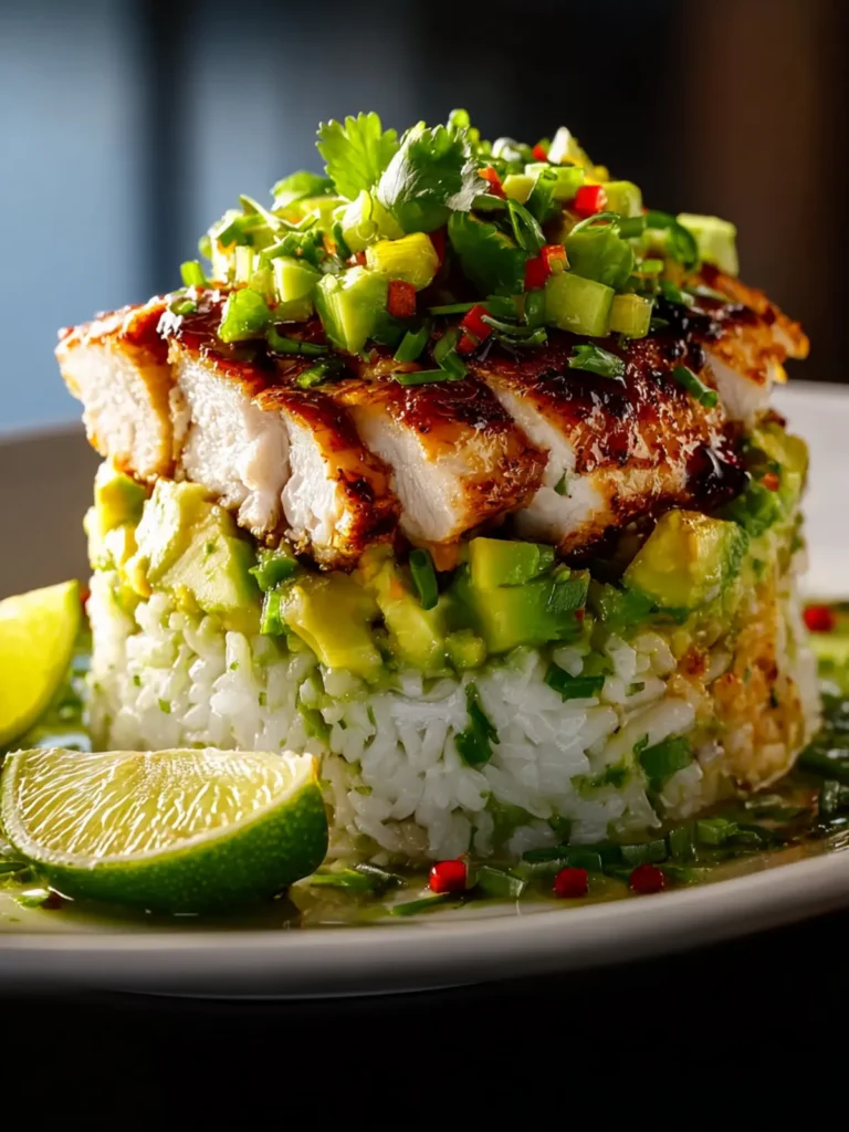 honey lime chicken avocado rice stack First Image